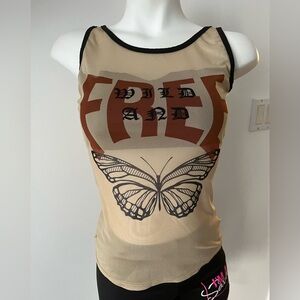 Shein Free Mesh Beige Sleeveless Butterfly Top Tank Size XS
